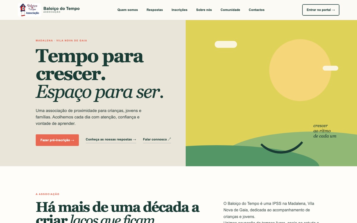 Página inicial do site do Baloiço do Tempo: «Tempo para crescer. Espaço para ser.», com o botão de pré-inscrição.