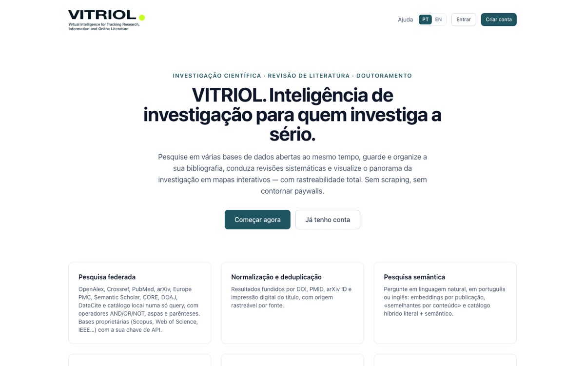 Página inicial do VITRIOL: investigação científica, revisão de literatura e doutoramento, com os botões para começar e entrar.